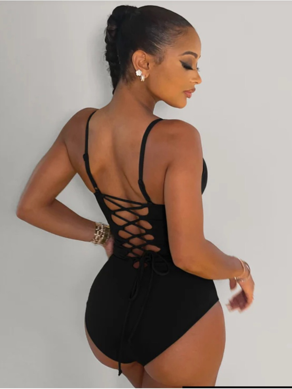 TA3 Lacey Snatched Waist Corset Back Swimsuit Black Large Short